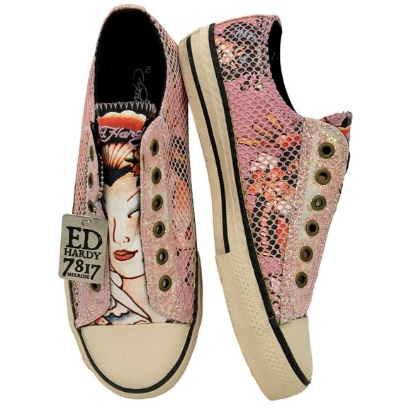 Vtg Y2K Ed Hardy Pink Canvas Tattoo Graphic Sneakers | Streetwear Grunge Skater - Picture 1 of 16